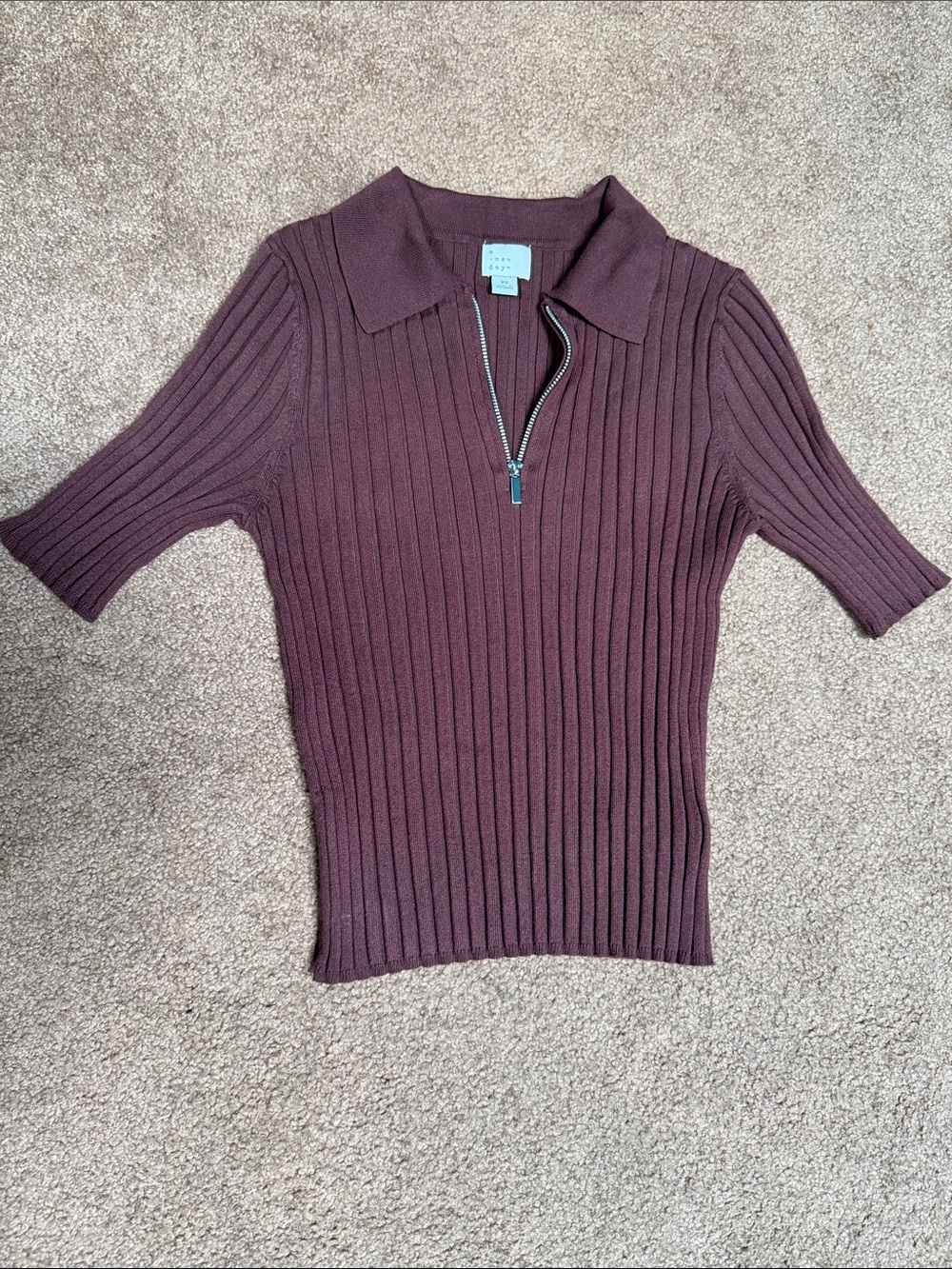 NWOT Short-Sleeve Ribbed Zip Polo Top - Chocolate Brown
